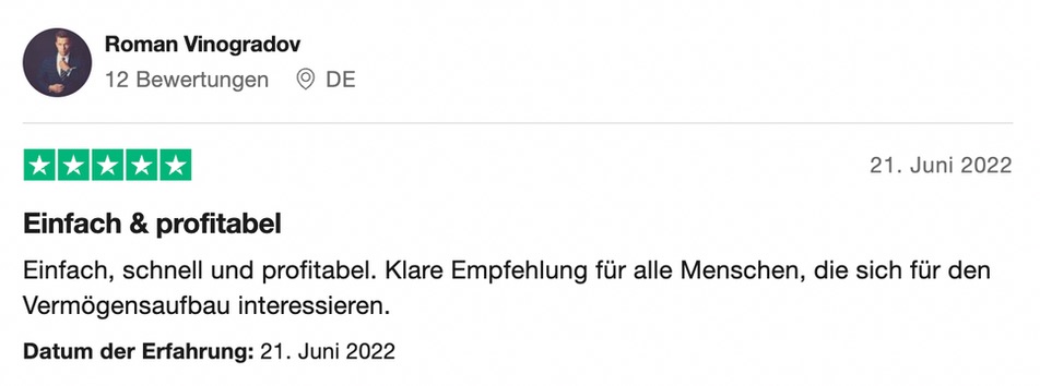 Trustpilot-Bewertung eines Mitglieds