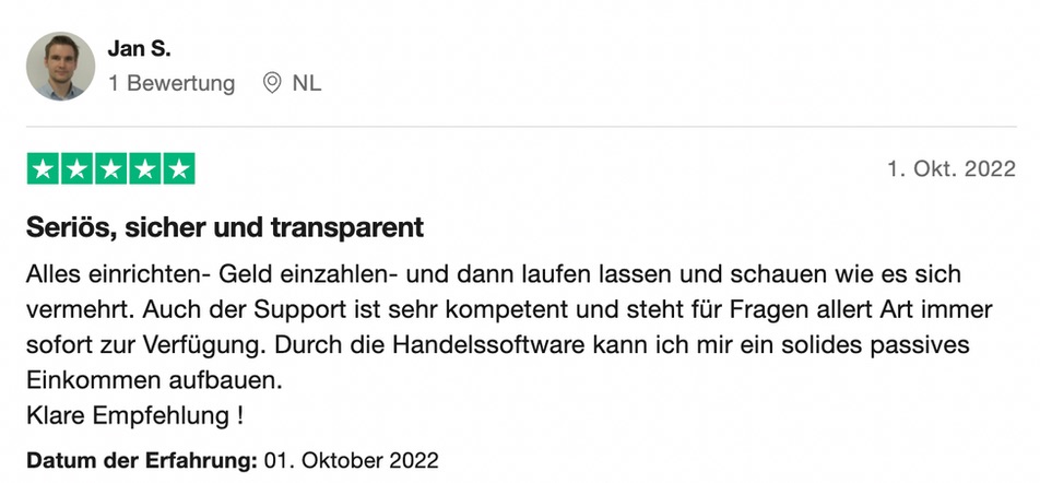 Trustpilot-Bewertung eines Mitglieds