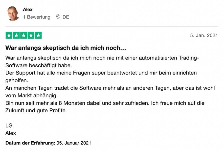 Trustpilot-Bewertung eines Mitglieds